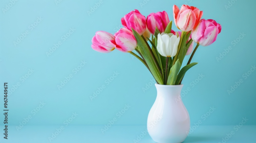 Colorful tulip peonies in white vase on blue background Banner Colorful tulip peonies in white vase on blue background Banner