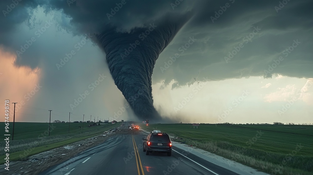 A mighty tornado crosses a highway, leaving a trail of destruction in ...