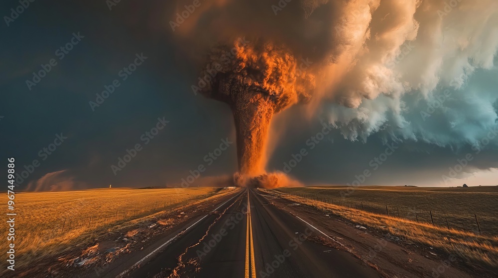 A mighty tornado crosses a highway, leaving a trail of destruction in its wake. This awe-inspiring image captures the raw power and danger of nature. A mighty tornado crosses a highway, leaving a trail of destruction in its wake. This awe-inspiring image captures the raw power and danger of nature.