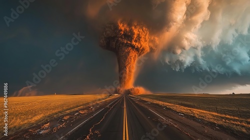 A mighty tornado crosses a highway, leaving a trail of destruction in its wake. This awe-inspiring image captures the raw power and danger of nature.