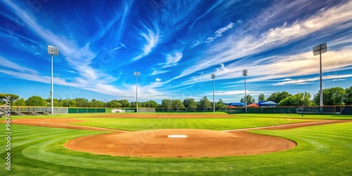 Vibrant baseball field under a blue sky, baseball, field, grass, green, base, sport, game, summer, outdoors, stadium, diamond