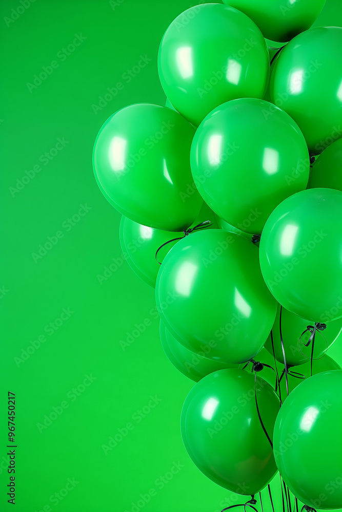 Green balloons on a bright green copy space background. Party decoration colorful design, perfect for greeting card and birthday invitation. Event and anniversary wallpaper with shiny balloons Green balloons on a bright green copy space background. Party decoration colorful design, perfect for greeting card and birthday invitation. Event and anniversary wallpaper with shiny balloons