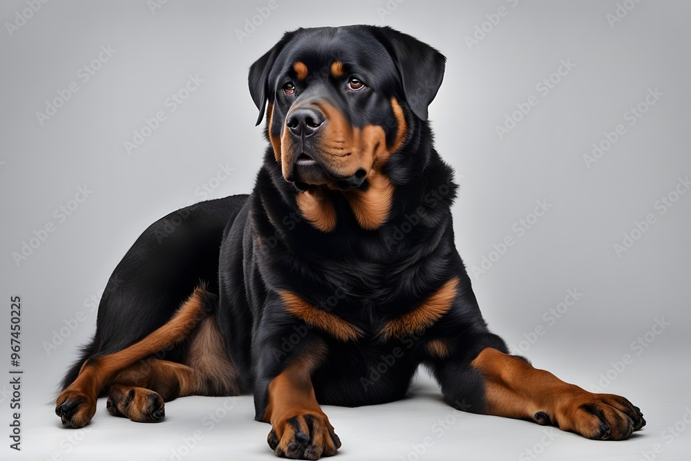 A large rottweiler with a calm demeanor sitting on a white background, AI Generated