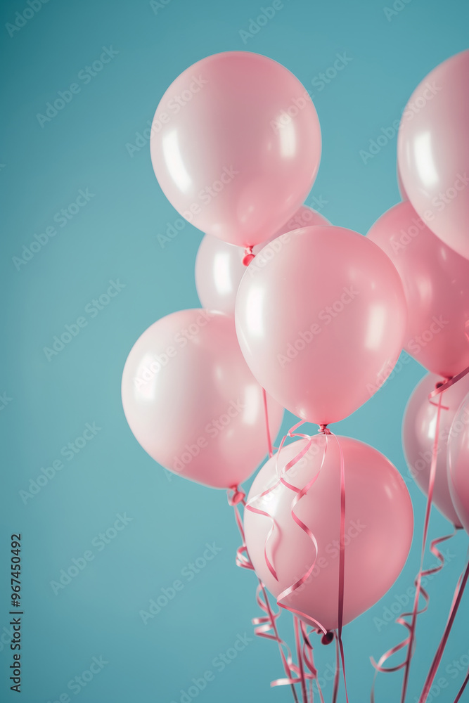 Pink balloons on a pastel blue copy space background. Party decoration colorful design, perfect for greeting card and birthday invitation. Event and anniversary wallpaper with shiny balloons Pink balloons on a pastel blue copy space background. Party decoration colorful design, perfect for greeting card and birthday invitation. Event and anniversary wallpaper with shiny balloons