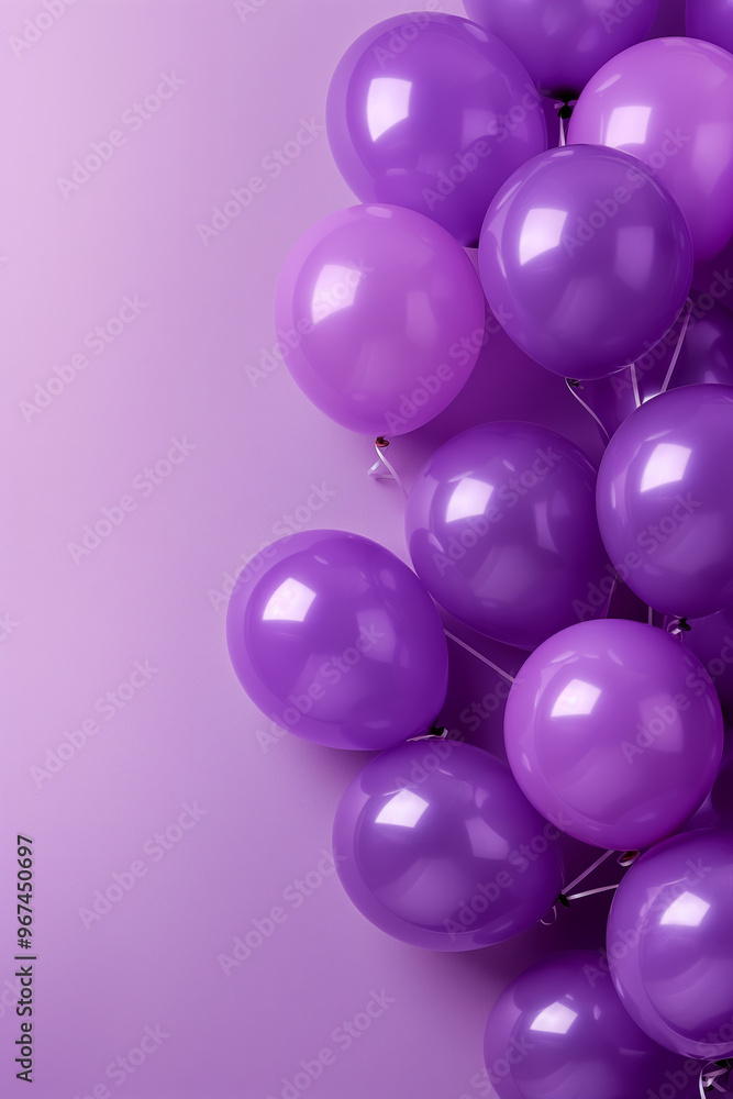 Purple balloons on a bright violet copy space background. Party decoration colorful design, perfect for greeting card and birthday invitation. Event and anniversary wallpaper with shiny lilac balloons Purple balloons on a bright violet copy space background. Party decoration colorful design, perfect for greeting card and birthday invitation. Event and anniversary wallpaper with shiny lilac balloons