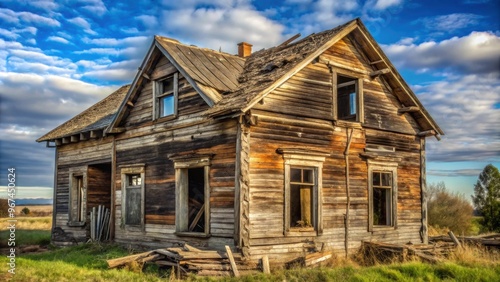 Old abandoned wooden house with damaged windows and a crumbling roof , abandoned, wooden, house, damaged, windows, crumbling, roof