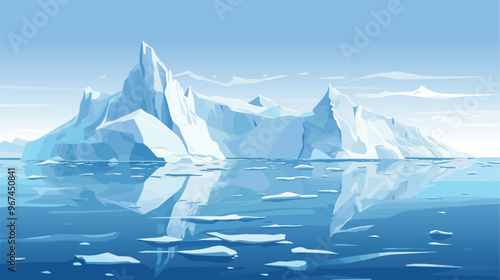 Drifting icebergs. Antarctic rocks panorama. Arctic glacier landscape. Northern waters with floating ice pieces. Global warming. Frozen chunks melting. Cold ocean