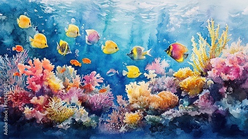 Fototapeta Naklejka Na Ścianę i Meble -  Watercolor painting of a vibrant coral reef teeming with colorful fish and exotic marine plants.