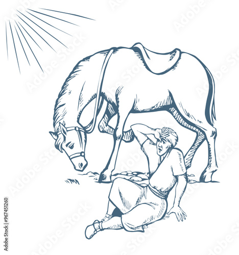 Vector drawing. A man fall from the horse