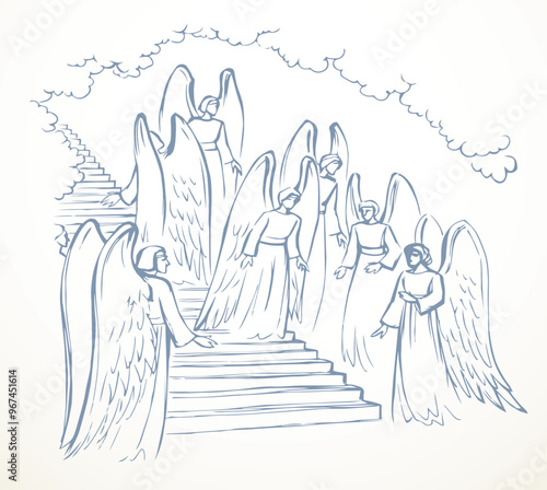 Vector drawing. Angels on the stairs leading to heaven