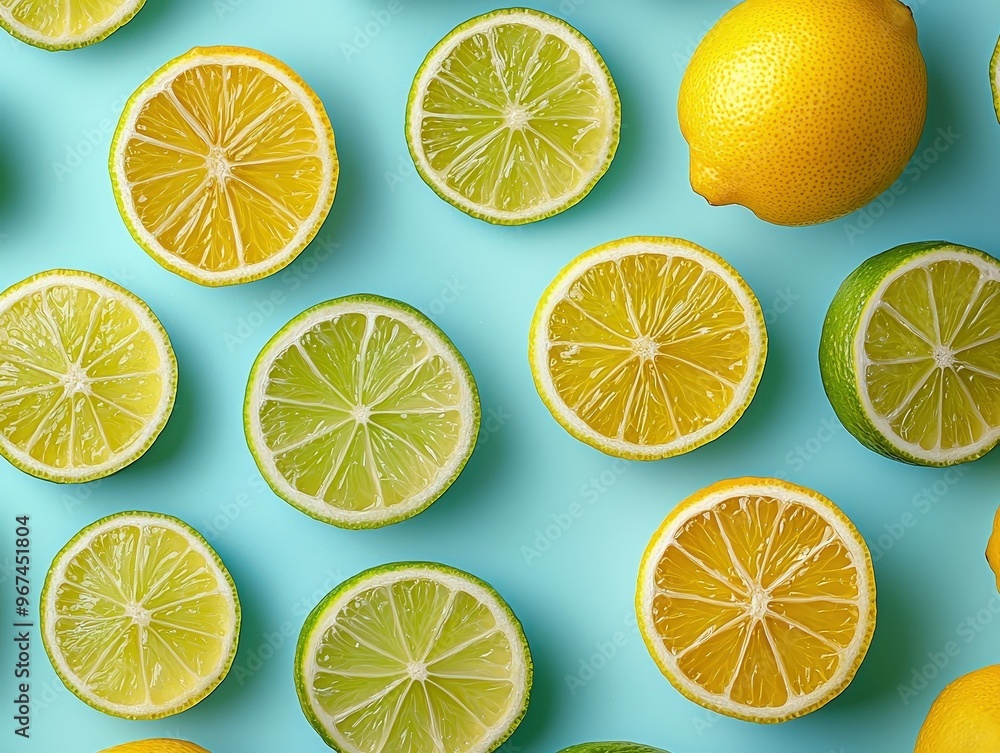 Fresh Lemon and Lime Slices on Blue Background Fresh Lemon and Lime Slices on Blue Background