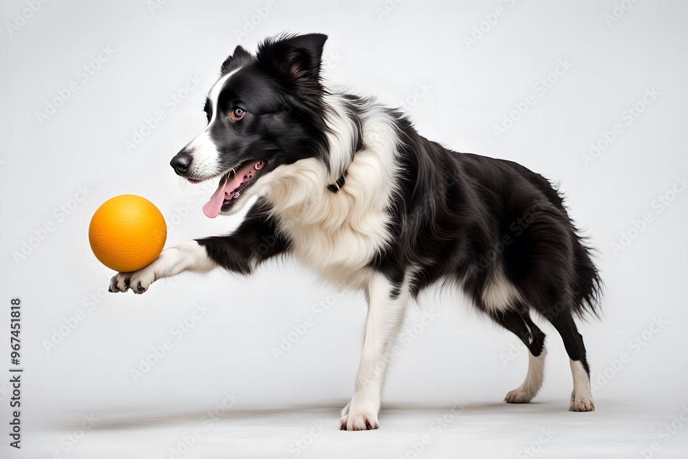A playful border collie standing with a ball in its mouth on a white background, AI Generated A playful border collie standing with a ball in its mouth on a white background, AI Generated