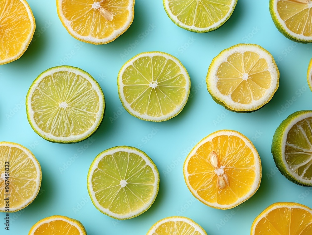 Fresh Lemon and Lime Slices on Blue Background Fresh Lemon and Lime Slices on Blue Background