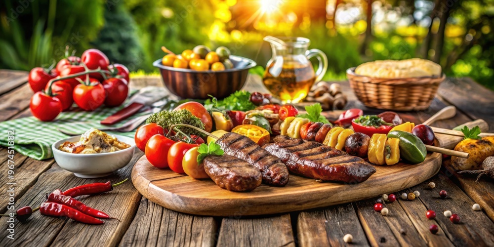 Grilled meats and vegetables on a rustic picnic table, barbecue, summer, cookout, outdoor dining, picnic, fresh, delicious Grilled meats and vegetables on a rustic picnic table, barbecue, summer, cookout, outdoor dining, picnic, fresh, delicious