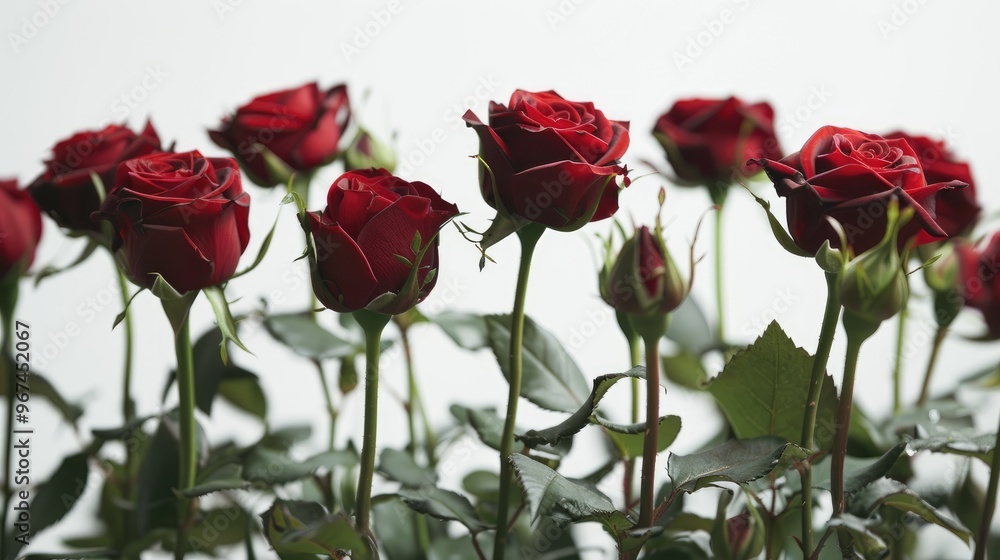 Concept of love romance and gift represented by focused red roses on white backdrop Concept of love romance and gift represented by focused red roses on white backdrop
