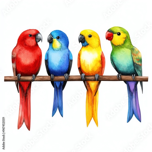 A vibrant illustration of four colorful birds perched on a branch, showcasing their unique hues and beautiful feathers.