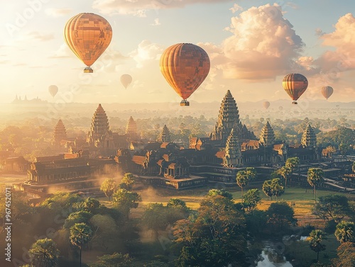 Hot Air Balloons Over Angkor Wat Temple at Sunrise in Cambodia