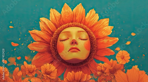 A whimsical illustration of a flower with a human face, expressing a range of emotions through its petals. photo