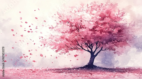 Fototapeta Naklejka Na Ścianę i Meble -  Romantic watercolor scene of a cherry blossom tree in full bloom, with petals gently falling to the ground.