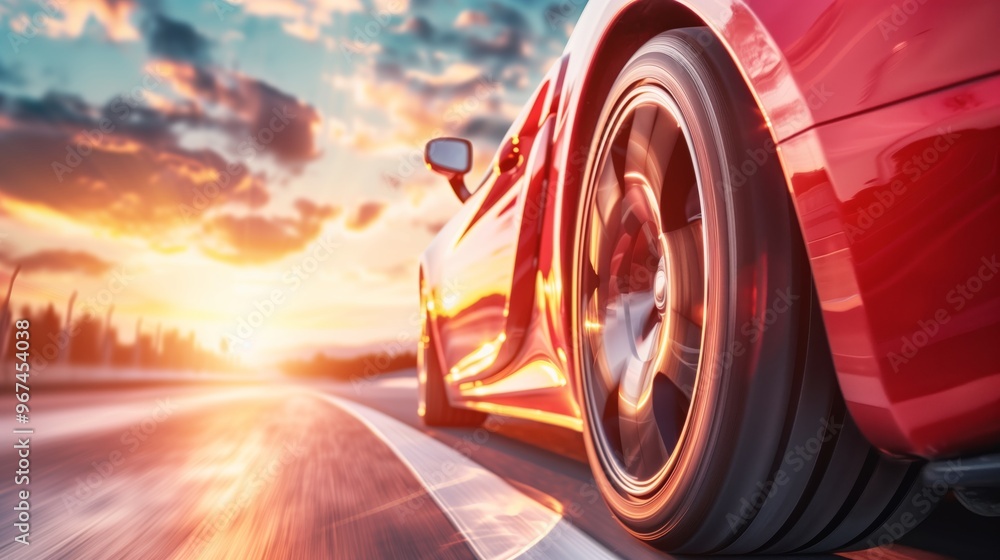 Speeding Red Sports Car on a Scenic Highway During Sunset - High-Performance Automotive Motion Speeding Red Sports Car on a Scenic Highway During Sunset - High-Performance Automotive Motion