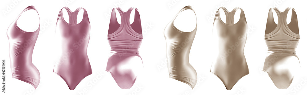 2 Set of pastel light pink beige cream front back side view, one piece racerback round neck classic silhouette swimsuit swimwear bodysuit leotard on transparent cutout PNG. Mockup template for artwork 2 Set of pastel light pink beige cream front back side view, one piece racerback round neck classic silhouette swimsuit swimwear bodysuit leotard on transparent cutout PNG. Mockup template for artwork
