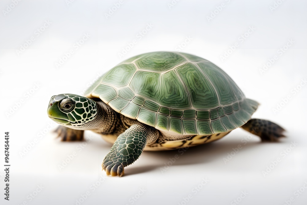 Fototapeta premium A tiny green turtle with a patterned shell crawling on a white background, AI Generated
