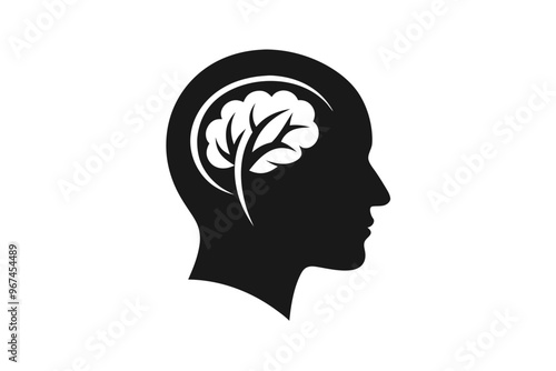 Brain with human head minimalist logo silhouette black color vector art illustration