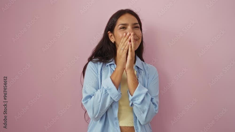 Woman laughing with hands covering mouth against pink wall wearing light blue shirt and yellow top Woman laughing with hands covering mouth against pink wall wearing light blue shirt and yellow top