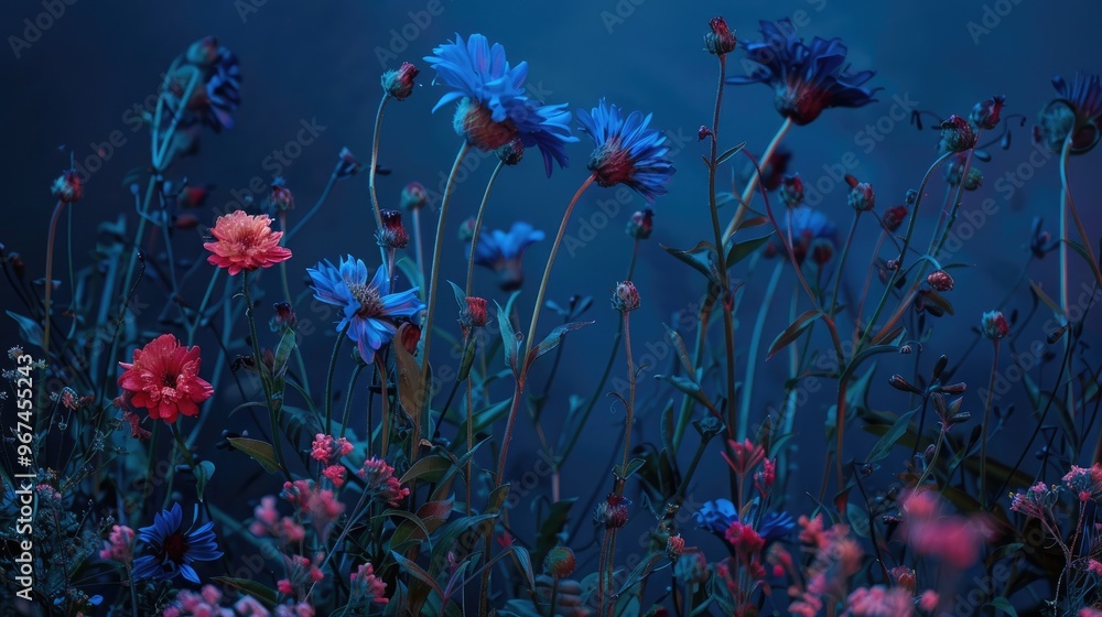 Corn flowers in man made garden for pollination on dark backdrop Corn flowers in man made garden for pollination on dark backdrop