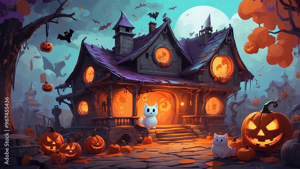 a Halloween theme. The layout features a spooky, moonlit night. The subject is a white cat, Surrounding the cat are pumpkins, haunted house in baqckground. Bats are flying in the sky a Halloween theme. The layout features a spooky, moonlit night. The subject is a white cat, Surrounding the cat are pumpkins, haunted house in baqckground. Bats are flying in the sky