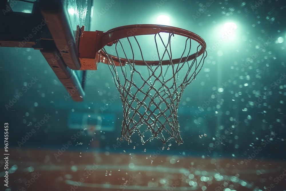 lowangle view of basketball hoop in dimly lit gymnasium ball frozen midair dramatic shadows lens flare sweat droplets visible capturing intensity of crucial game moment lowangle view of basketball hoop in dimly lit gymnasium ball frozen midair dramatic shadows lens flare sweat droplets visible capturing intensity of crucial game moment