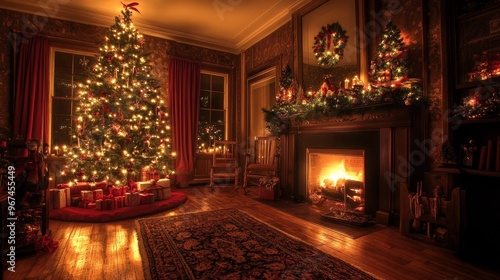 Wallpaper Mural A cozy living room with a beautifully decorated Christmas tree and a warm fireplace, creating a serene holiday atmosphere. Torontodigital.ca