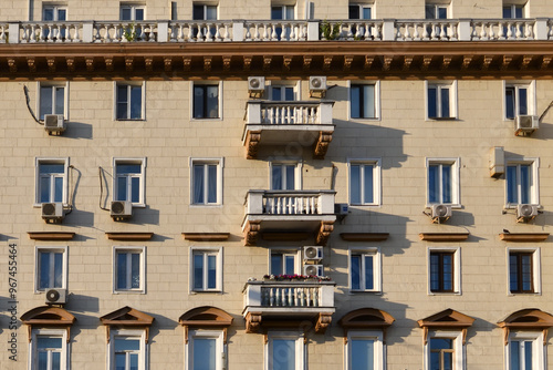 .Stalinist architecture buildings of the USSR in Moscow, Russia. Facade with balconies and air conditioners