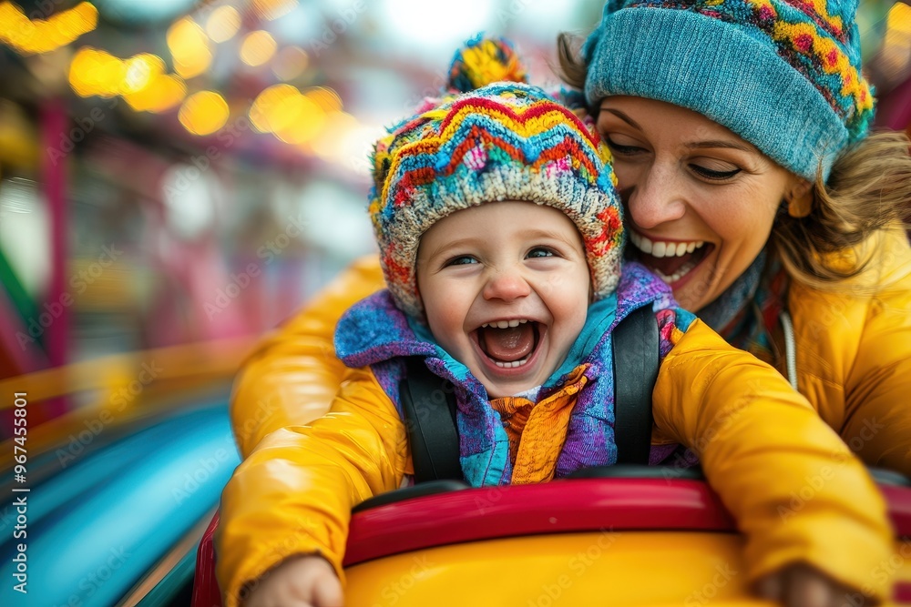 A mother and her baby are joyfully enjoying an amusement park ride, bundled up in colorful winter wear, capturing a moment of warmth and happiness. A mother and her baby are joyfully enjoying an amusement park ride, bundled up in colorful winter wear, capturing a moment of warmth and happiness.