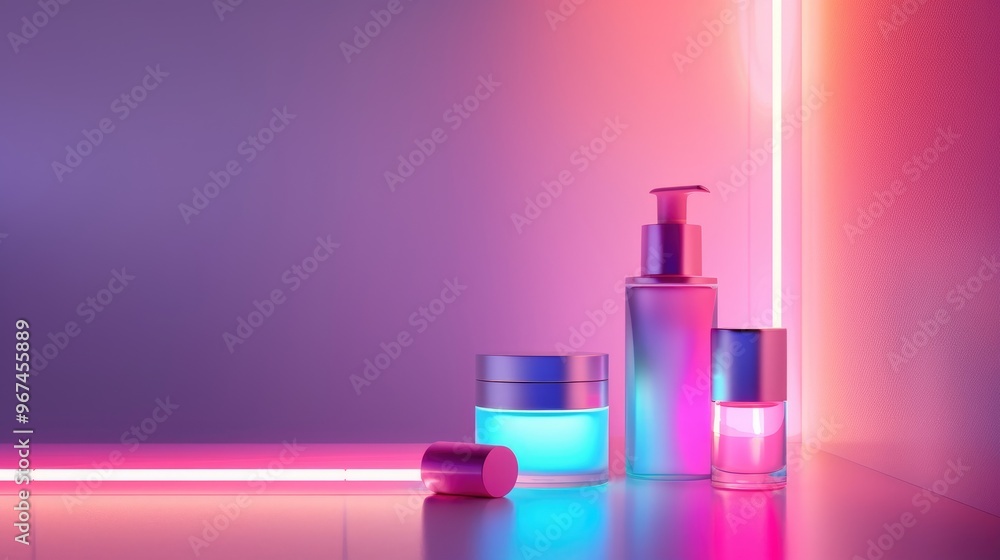 Cosmetic packaging featured with neon lights on gradient background Cosmetic packaging featured with neon lights on gradient background