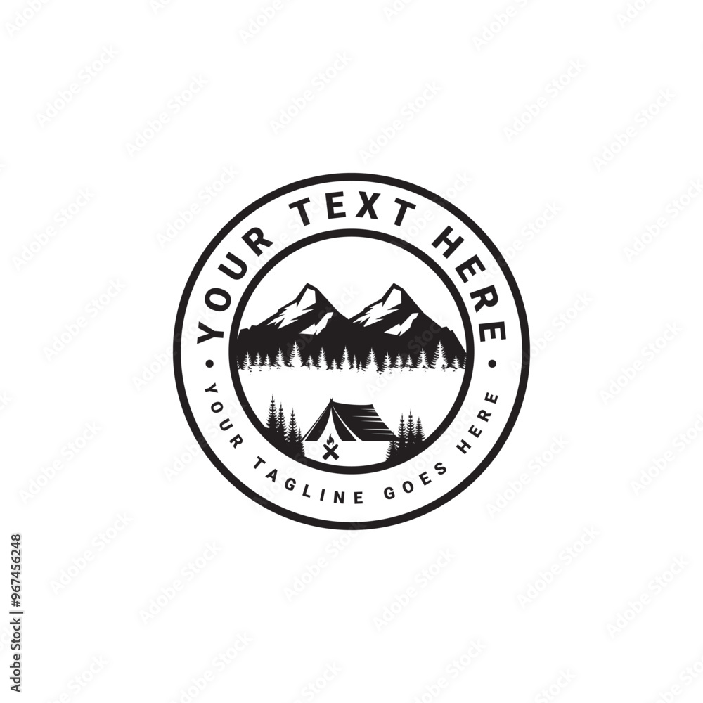 Summer camp vector logo featuring a circular emblem with a tent mountain and pine trees. Summer camp vector logo featuring a circular emblem with a tent mountain and pine trees.