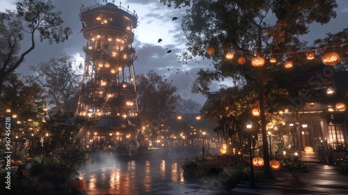 A spooky Halloween-themed water tower glowing with pumpkins eerie mist swirling around the base