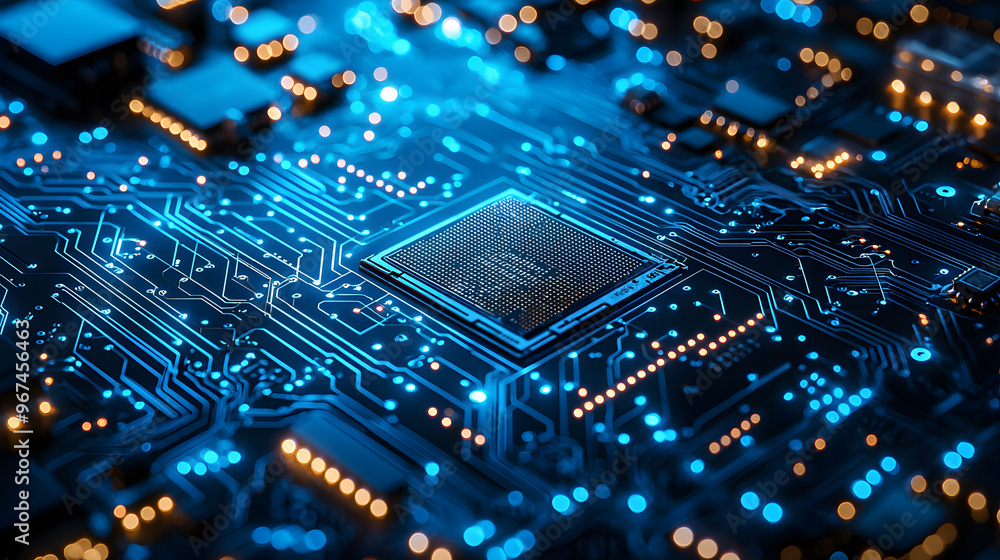 A glowing blue circuit board featuring an AI chip and semiconductor, symbolizing advanced technology, artificial intelligence, and computer hardware innovation A glowing blue circuit board featuring an AI chip and semiconductor, symbolizing advanced technology, artificial intelligence, and computer hardware innovation