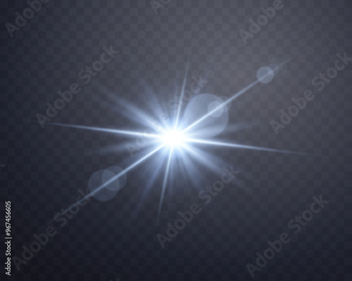 Blue sunlight lens flare, sun flash with rays and spotlight. Vector illustration.