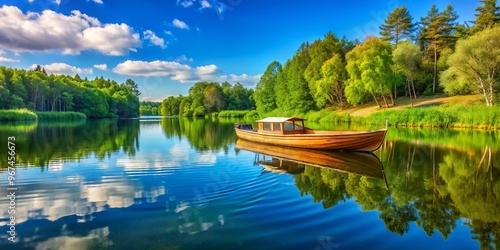 A serene wooden flat-bottomed boat glides across a tranquil lake, surrounded by lush green trees and a bright blue sky, with gentle ripples on the water's surface. photo