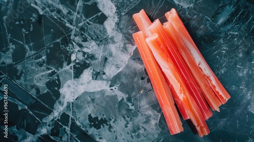 Crab sticks made with surimi on marble surface with dark backdrop View from above