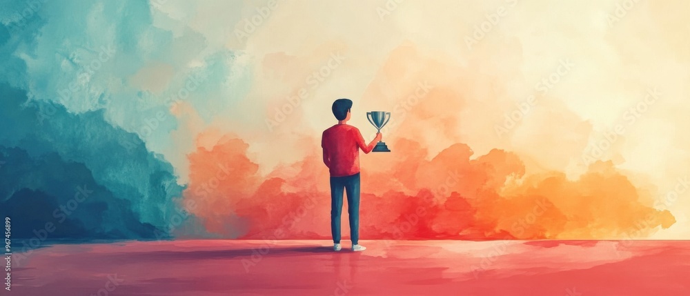 A person holding a trophy stands against a dreamy, colorful background, symbolizing achievement and celebration. A person holding a trophy stands against a dreamy, colorful background, symbolizing achievement and celebration.