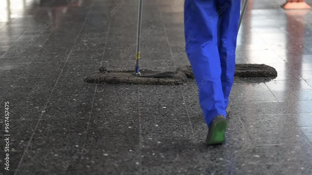 Janitor cleaning a shiny black tile floor with a mop Janitor cleaning a shiny black tile floor with a mop