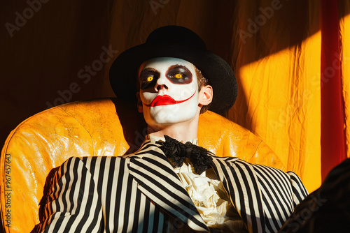 a 1930s-style circus performer with eccentric makeup and a freakish costume, sitting on a vintage chair