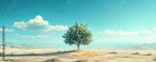 A solitary tree stands resilient in an open landscape under a bright blue sky, symbolizing strength and solitude in nature.