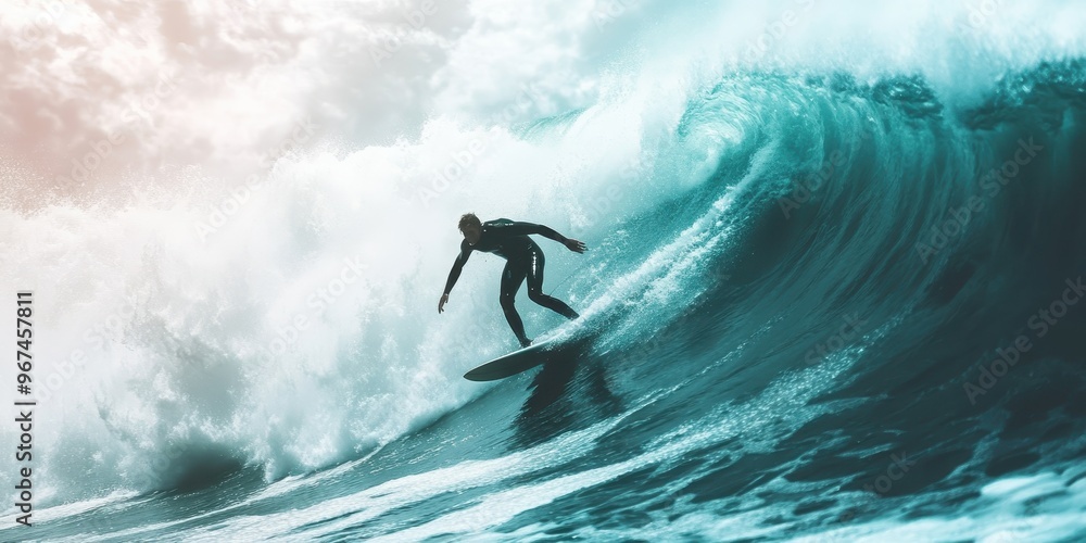 A surfer skillfully rides a massive wave under a dramatic sky, capturing the essence of adventure and ocean sports. A surfer skillfully rides a massive wave under a dramatic sky, capturing the essence of adventure and ocean sports.