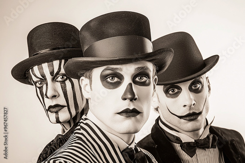 a group portrait of three vintage circus freak characters from the 1930s, arranged in a classic freak show setting photo