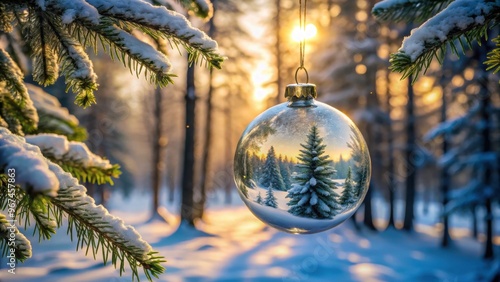 Wallpaper Mural Christmas glass toy ball on tree reflecting winter forest landscape, seasonal holiday scene, Christmas, glass, ball, tree Torontodigital.ca