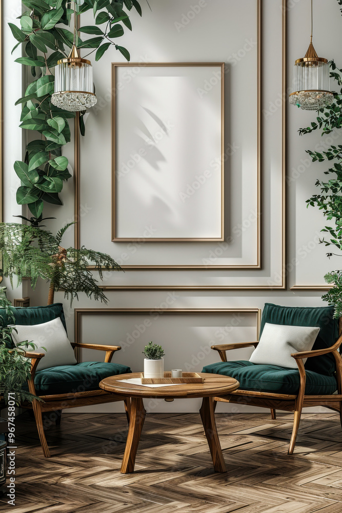 Fototapeta premium Modern living room with plants and empty frame