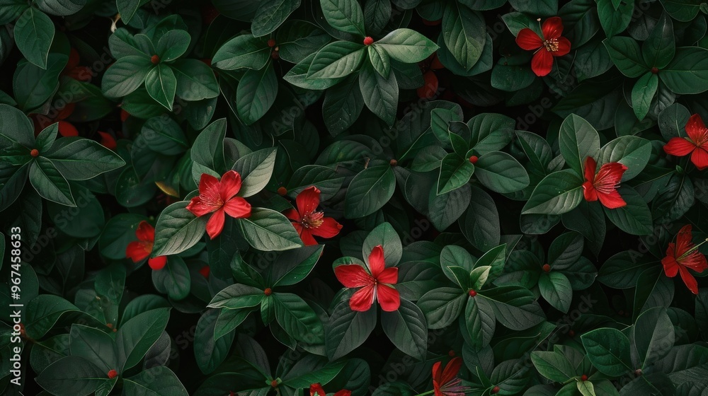 Crimson blossom with deep green foliage Crimson blossom with deep green foliage